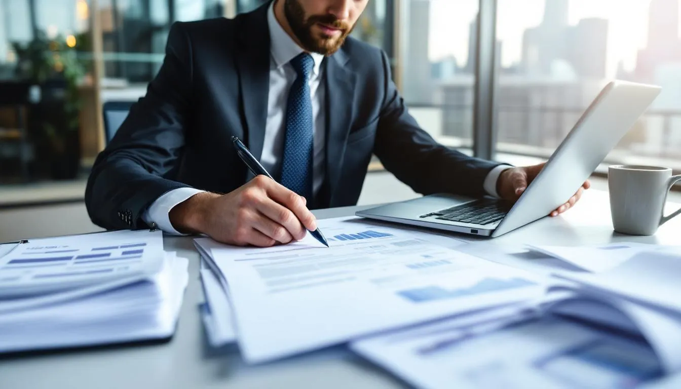 Un responsable logistique examine des documents de transport sur son bureau, entouré d'outils de travail liés à l'industrie du transport et de la logistique. Cette scène illustre l'importance de la gestion des documents pour une entreprise de camionnage, comme Manitoulin Transport, afin d'assurer un service efficace et de qualité.