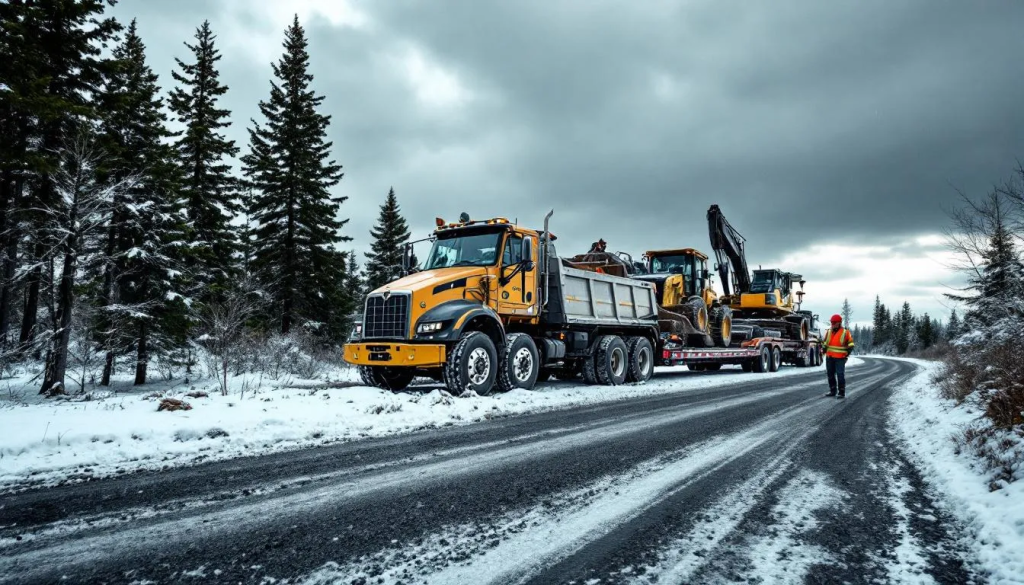 L'image montre un camion de transport routier québécois transportant des équipements lourds, avec des marchandises soigneusement chargées. Ce processus de planification logistique illustre les défis de la chaîne logistique pour le transport de poids lourds, mettant en avant l'importance de l'organisation et de l'optimisation des opérations.