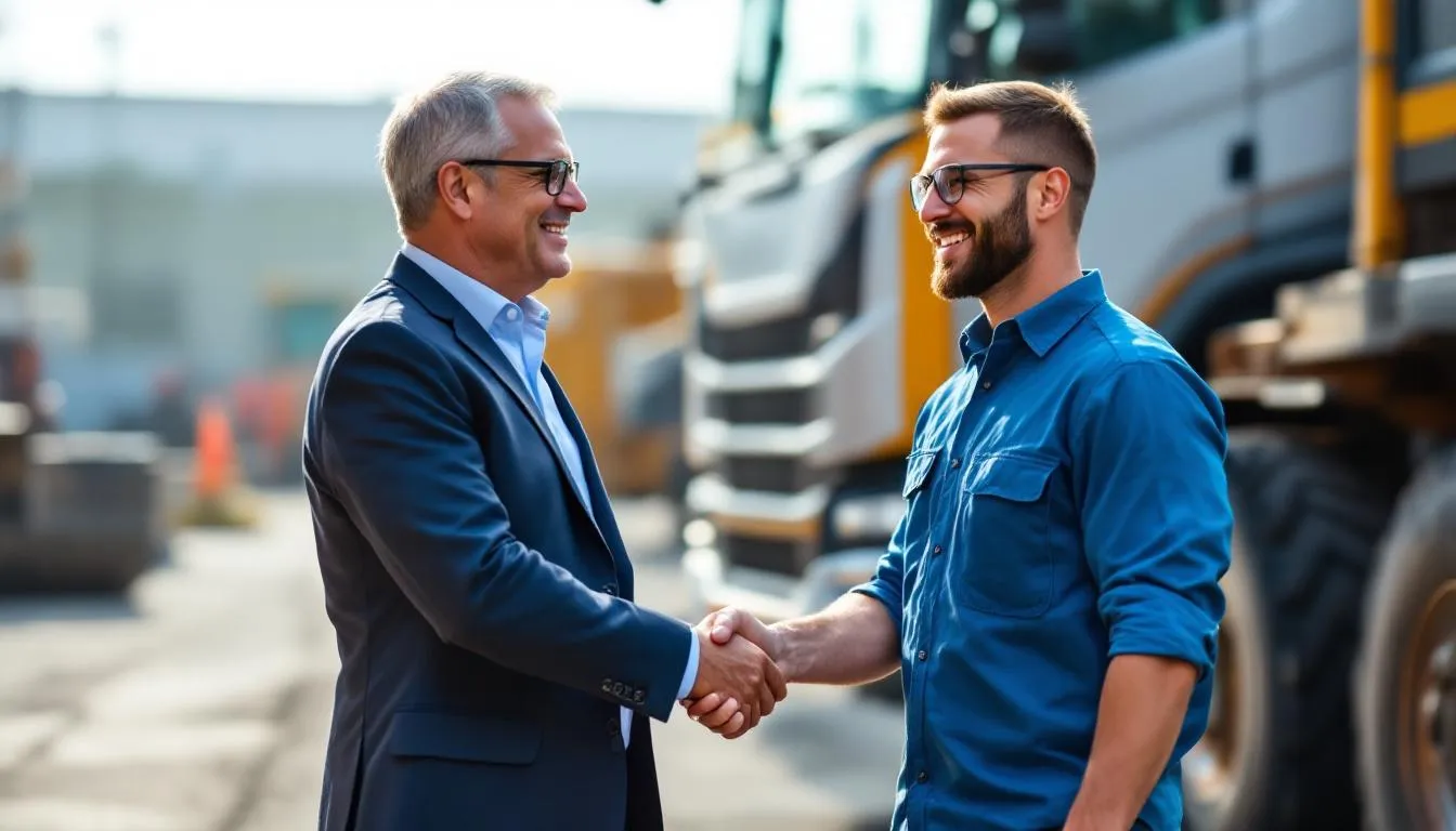 Deux hommes se serrent la main, l'un étant un homme d'affaires et l'autre un travailleur visiblement heureux de l'acquisition de son nouveau camion lourd. Cette scène représente une collaboration réussie dans le secteur du financement d'équipement lourd, soulignant l'importance de solutions adaptées aux besoins des entreprises.