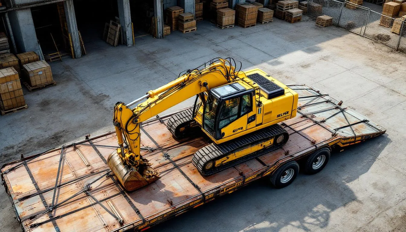 L'image montre une mini excavatrice jaune soigneusement chargée sur une remorque plateau, maintenue en place par des sangles d'arrimage pour garantir un transport en toute sécurité. Cette configuration est essentielle pour le transport efficace de machines sur un chantier.