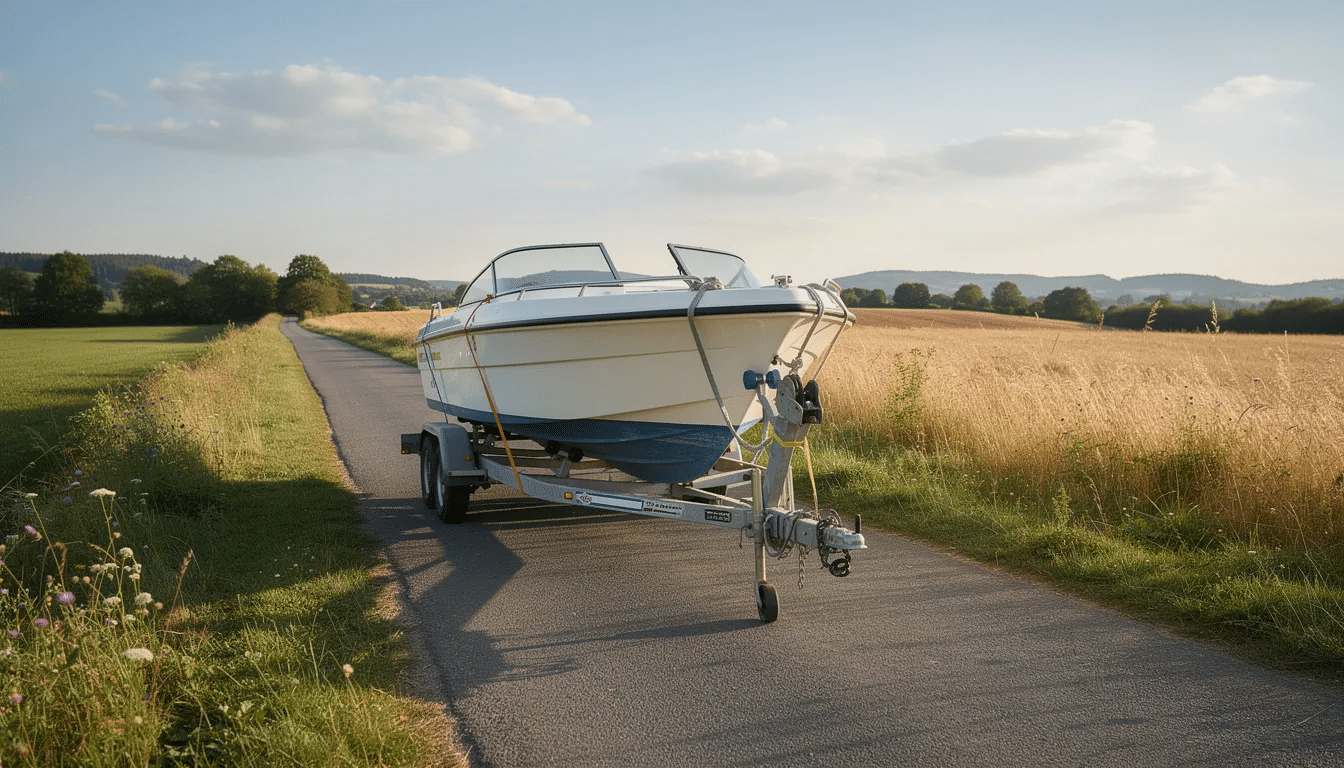 Un bateau est remorqué sur une route de campagne, entouré de paysages naturels typiques du Québec, avec des montagnes en arrière-plan. Ce transport d'un bateau évoque l'aventure et les activités en plein air, parfaites pour les amateurs de sensations et de voyages.