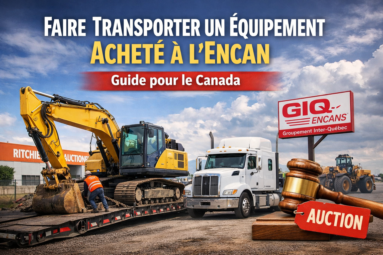 Image illustrant le transport d’un équipement acheté à l’encan, représentant une mini-excavatrice chargée sur une remorque, symbolisant les services de transport après un achat chez Ritchie Bros ou GIQ.