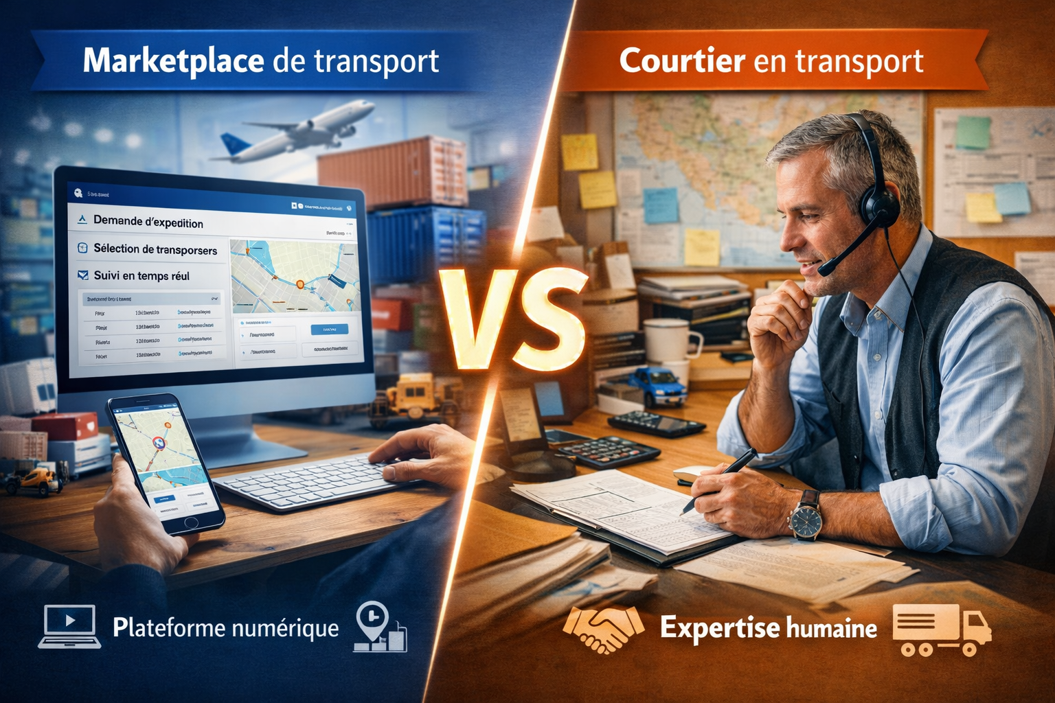 Illustration opposant une plateforme de transport numérique et l’expertise humaine d’un courtier en logistique.