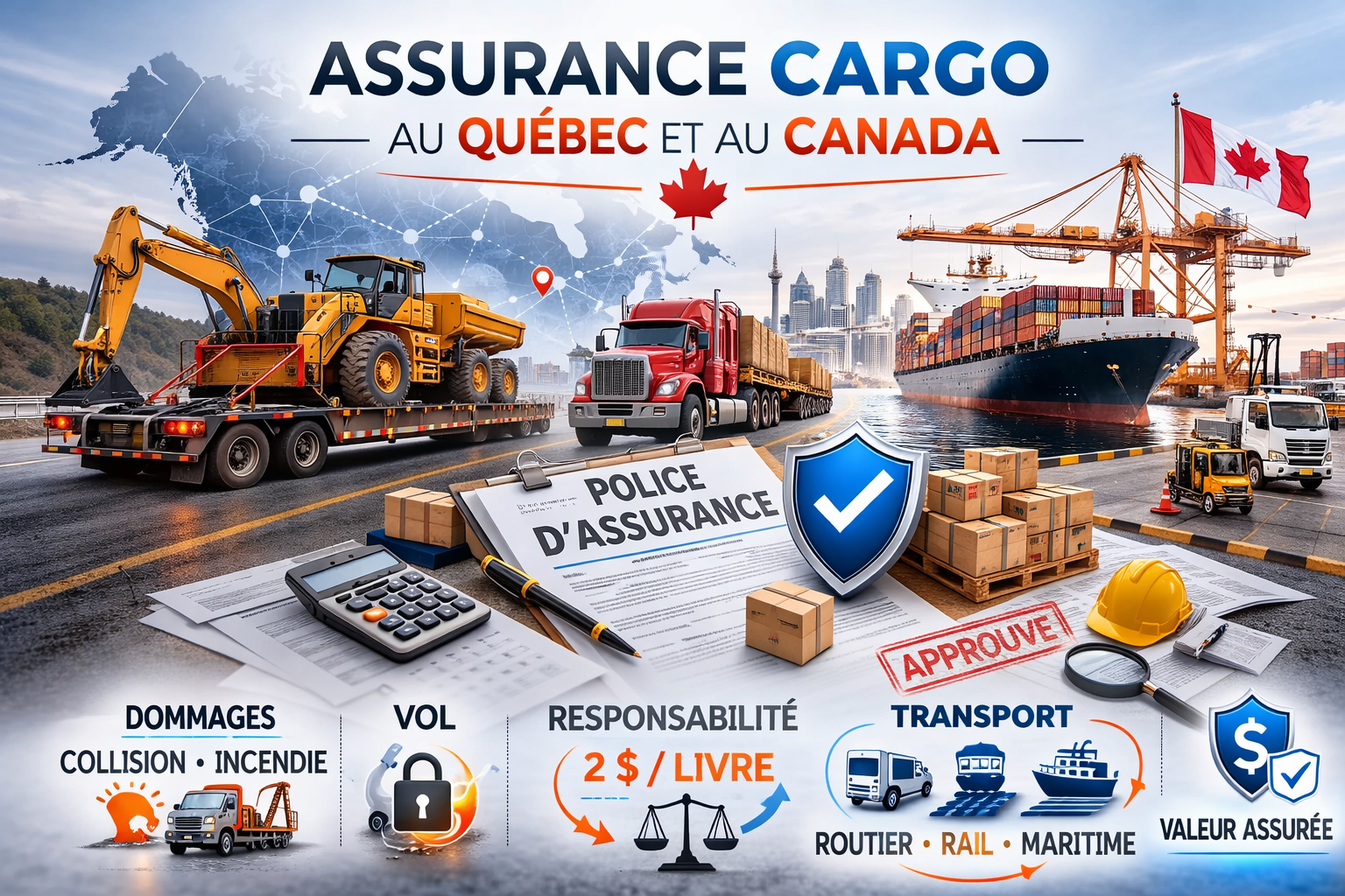 Assurance cargo transport Canada – couverture dommages, vol et responsabilité pour transport routier, ferroviaire et maritime