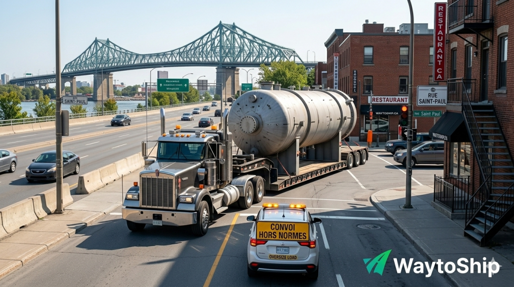 Pour illustrer la complexité des grands convois, cette image montre un transport lourd avec une cargaison industrielle (un échangeur de chaleur) sur une route urbaine à Montréal. L'image inclut une voiture pilote et le panneau "CONVOI HORS NORMES", ce qui est crucial pour expliquer la réglementation et l'importance d'un courtier pour la conformité.
