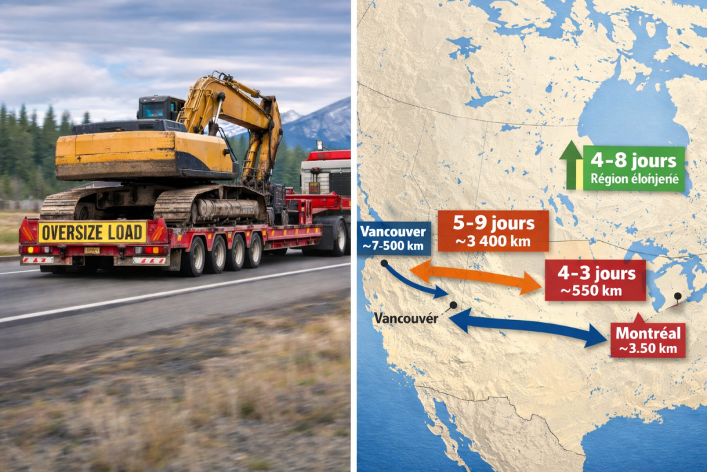 Camion transportant une excavatrice sur remorque lowboy au Canada avec panneau Oversize Load, illustrant le transport de machinerie lourde longue distance. Carte du Canada illustrant les délais moyens de transport de machinerie lourde selon la distance entre Montréal, Toronto, Calgary et Vancouver.