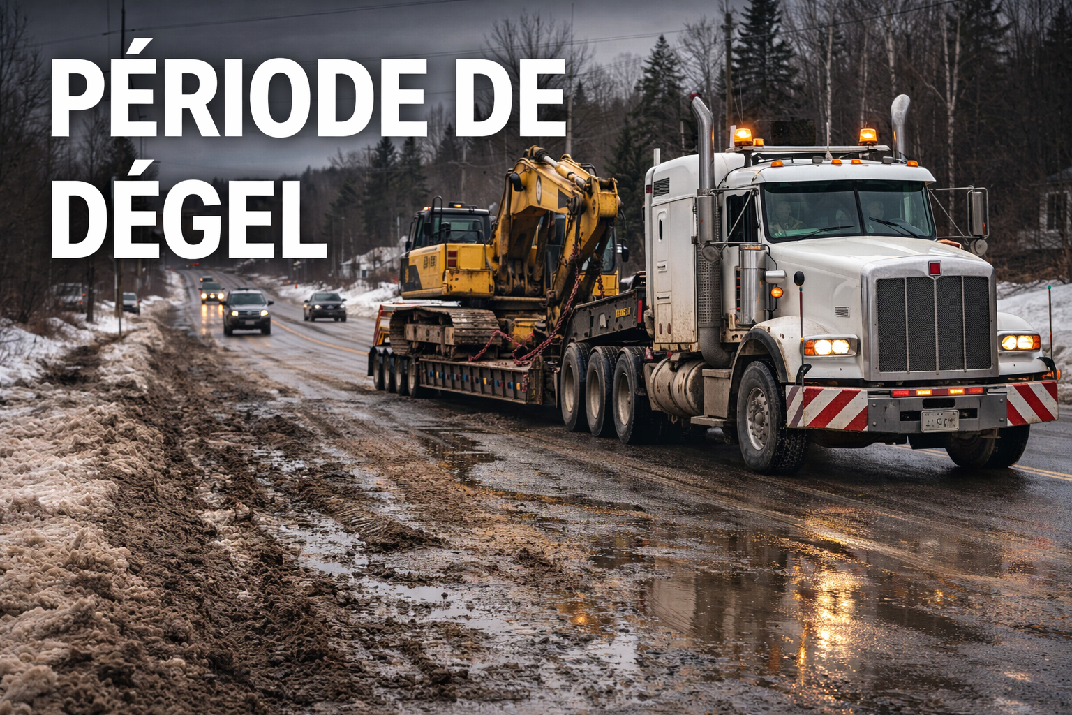 Transport période de dégel Québec avec camion et machinerie lourde
