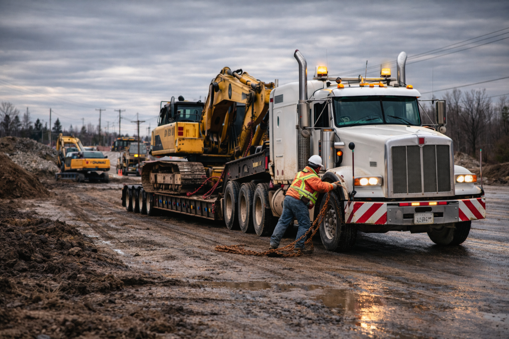 Transport de machinerie lourde au Canada avec arrimage sécurisé sur chantier