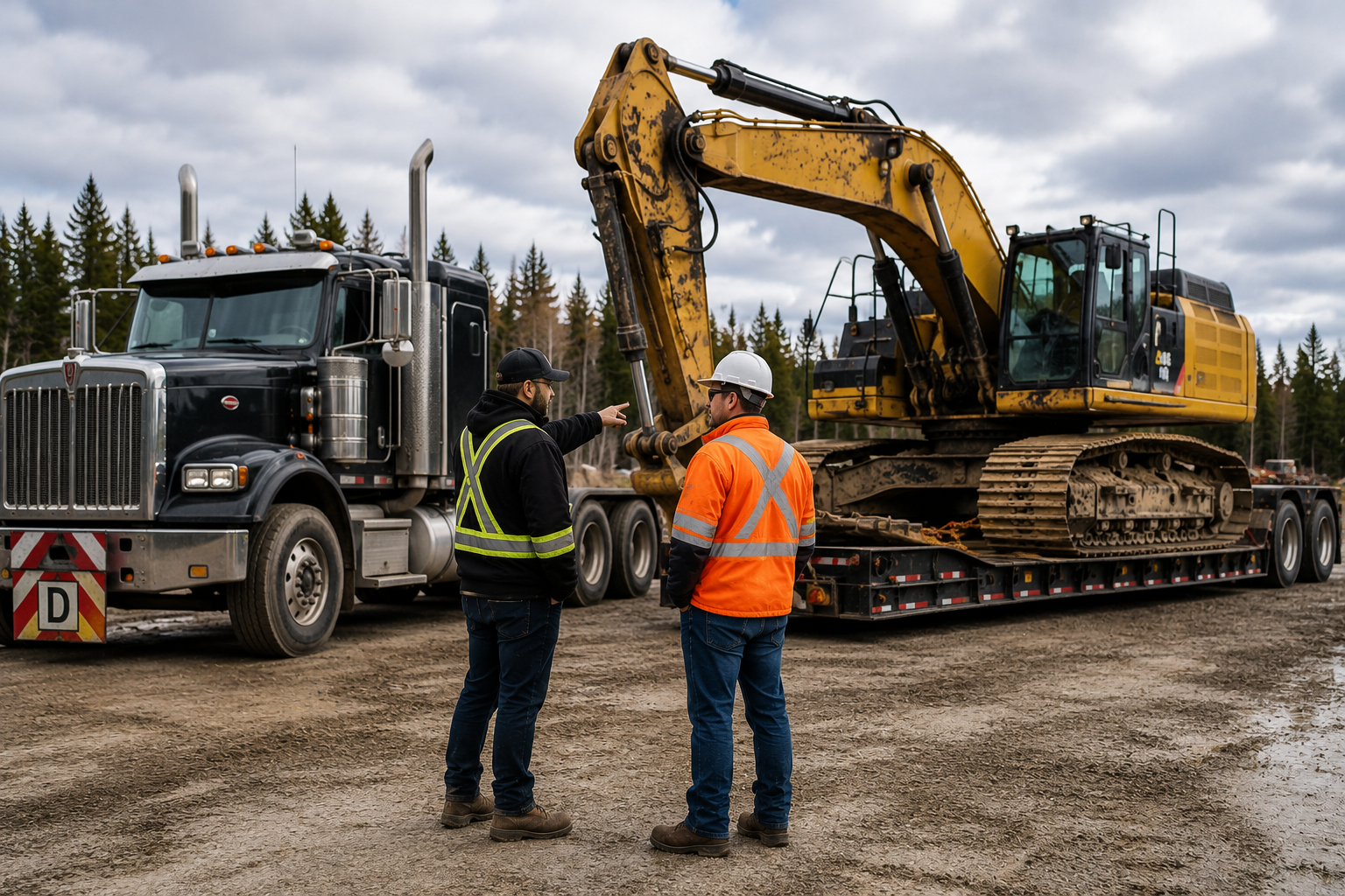 Transporteur évaluant le transport d’une pelle mécanique hors-norme sur un chantier au Canada